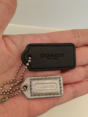 Bundle Two Coach Black and Silver Leather Bag Tags on Ball Chain Fob Tag